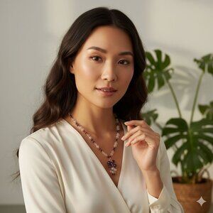 Amethyst & Clear Quartz Beaded 20" Necklace Crystal Cluster Tassel Pendant